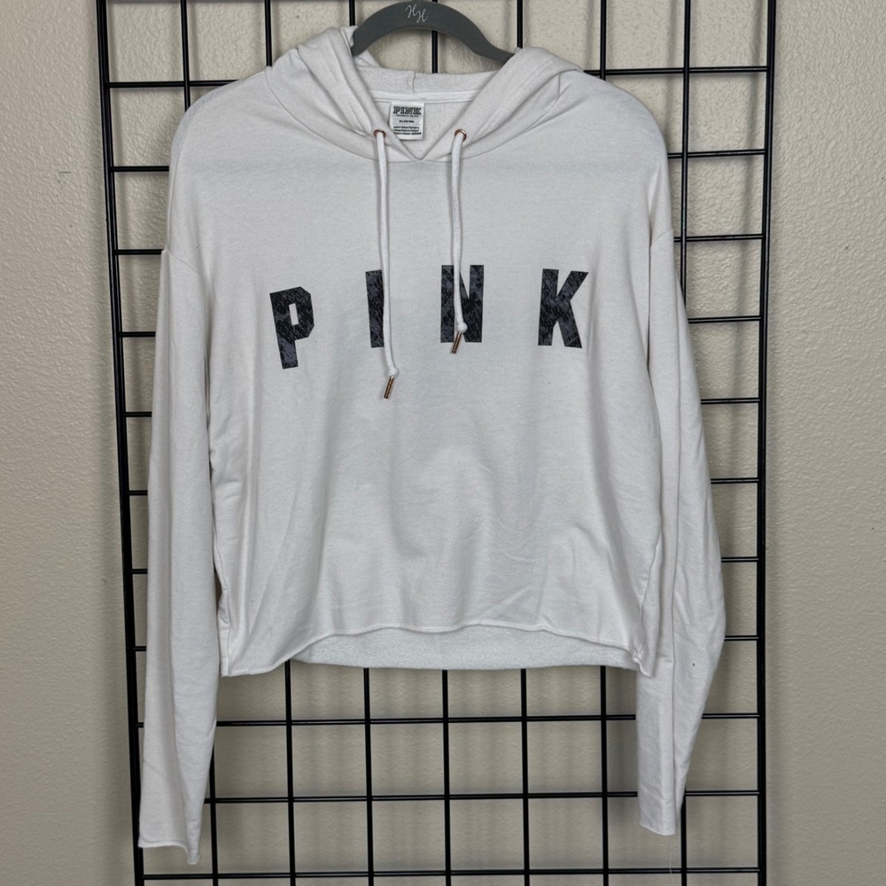 PINK Victoria's Secret Hoodie Women Medium White Snakeskin Logo Back Cutout Crop